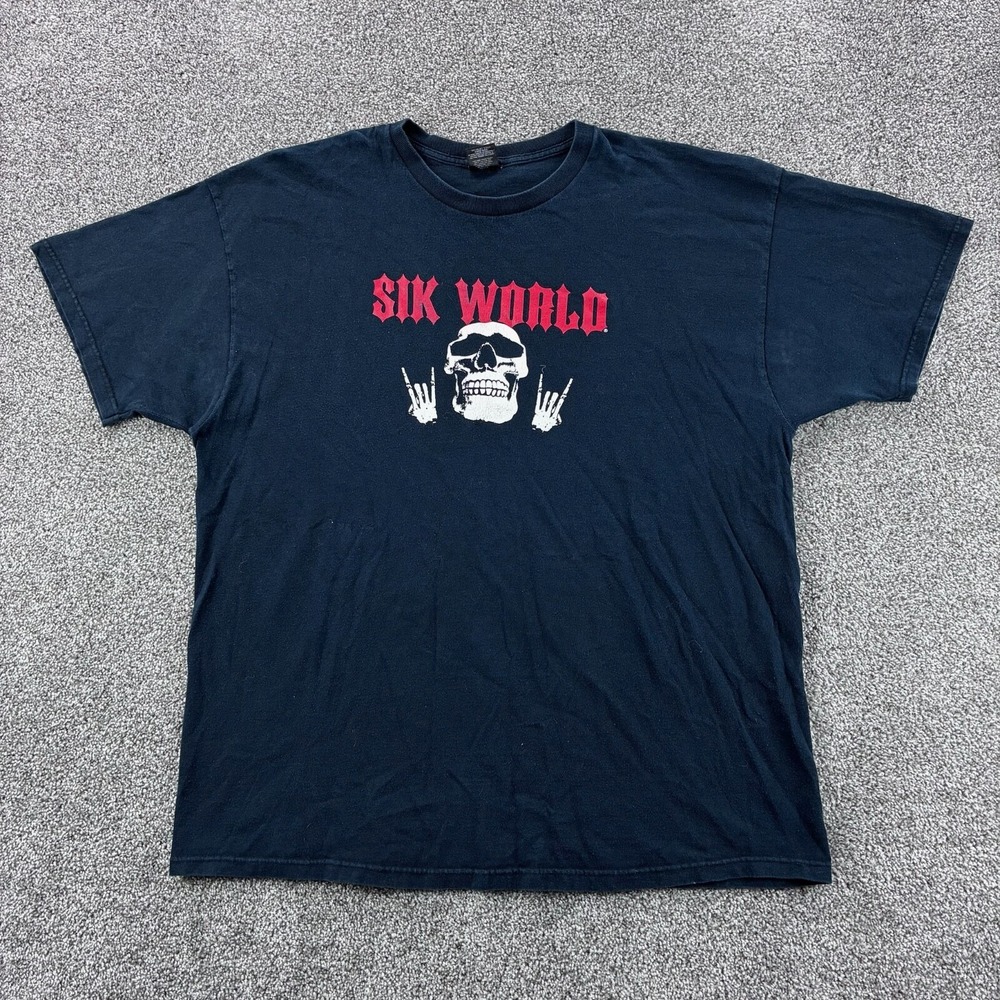 Vintage Sik World Shirt Mens 2XL‎ Black Skeleton Rocker Skate Idiots USA Faded